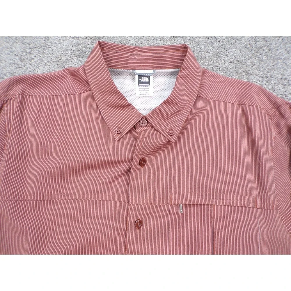 The North Face Men's Button Down Large Red Striped Shirt W/ Zip Pocket